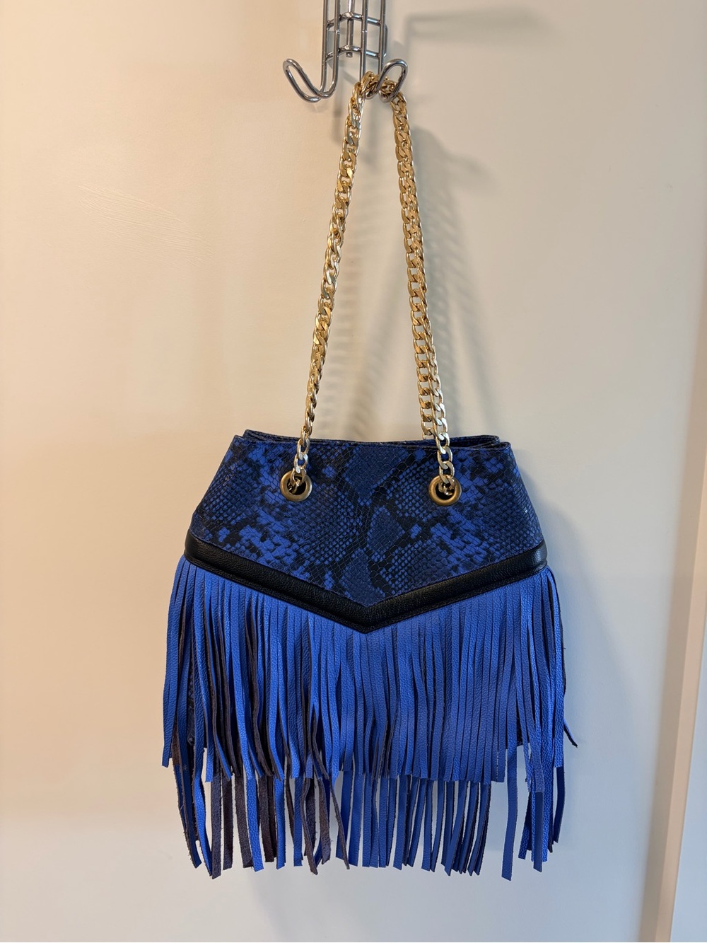 Royal Blue Snake-Embossed Fringe Shoulder Bag with Gold Chain